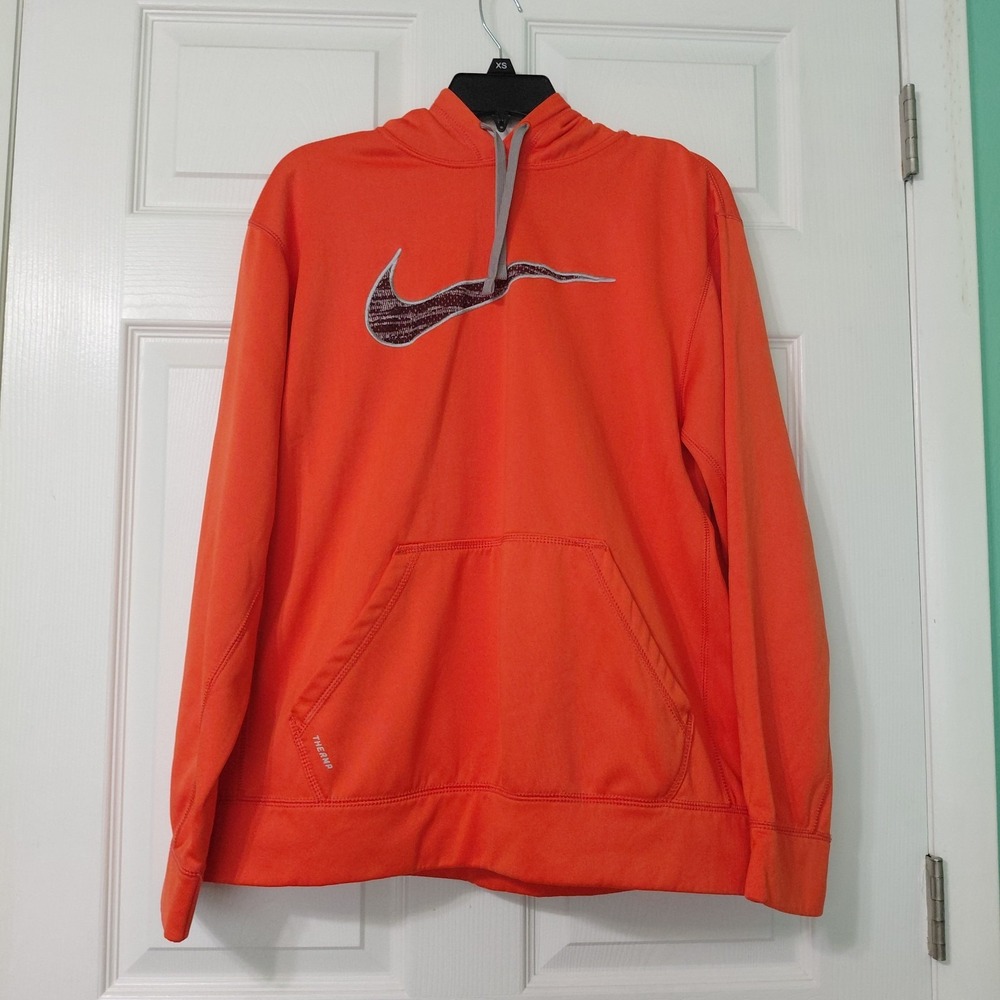 Nike Therma Fit Hoddie Mens Long Sleeve Orange Pullover Size Large Logo